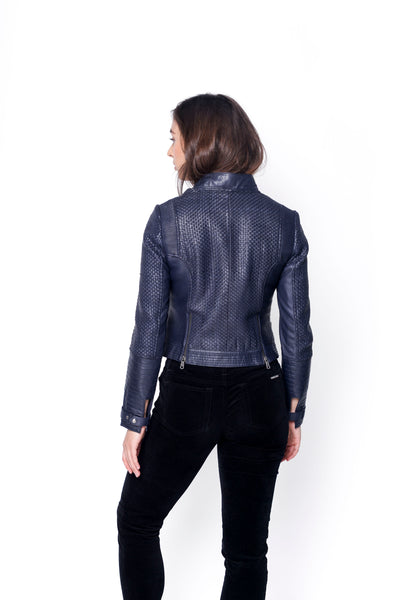 Blumarine ネイビー レオパード柄ジャケット Zoe Hand Woven Leather Jacket-Navy – Malika Rajani