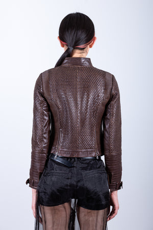 Zoe Hand Woven Leather Jacket-Chocolate