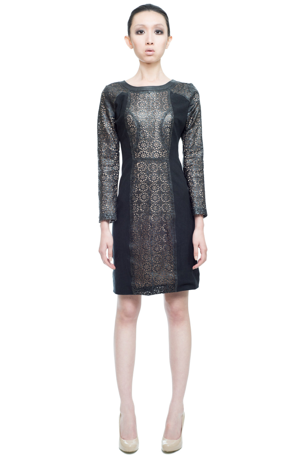 Bella Long sleeve laser cut Leather dress