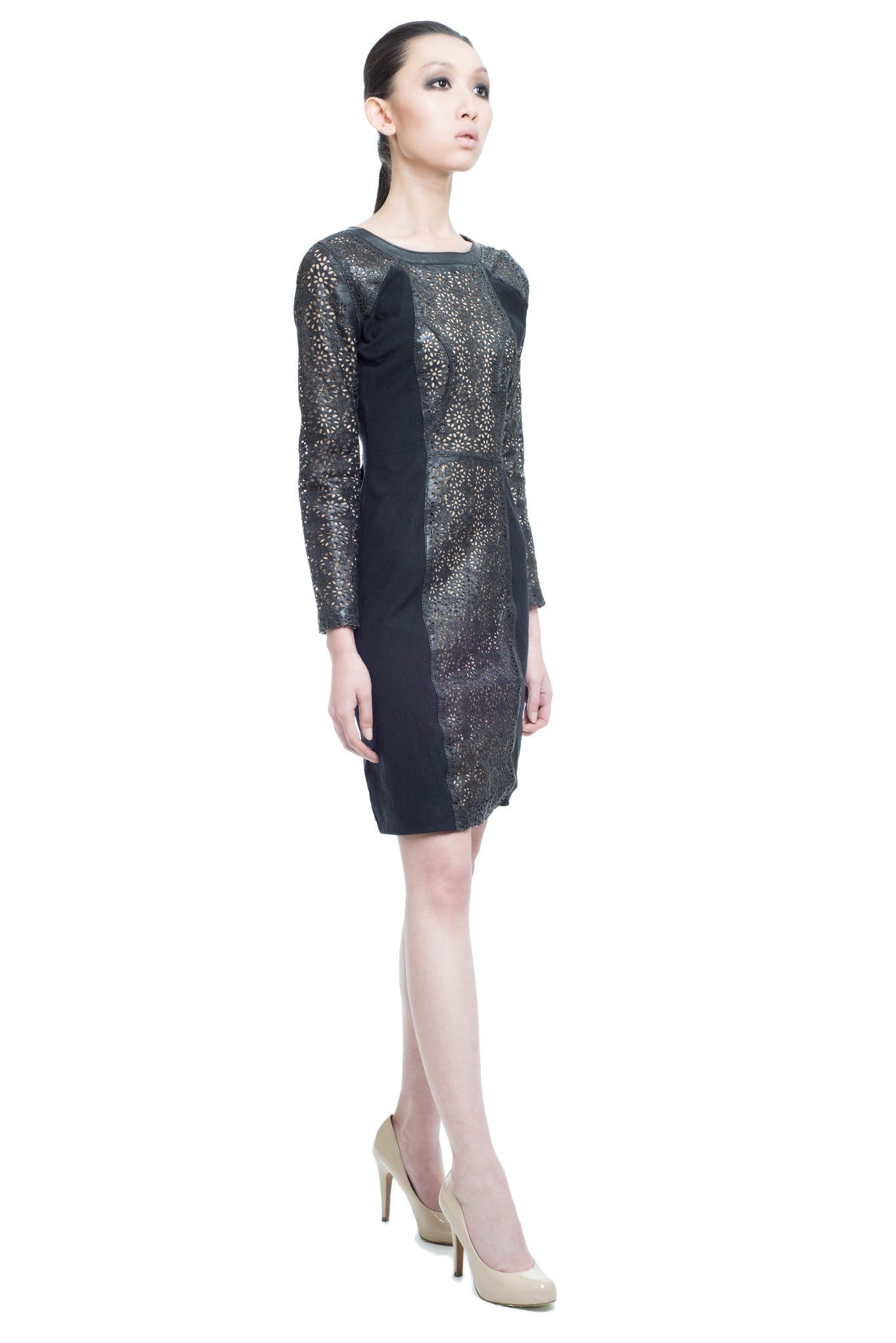 Bella Long sleeve laser cut Leather dress