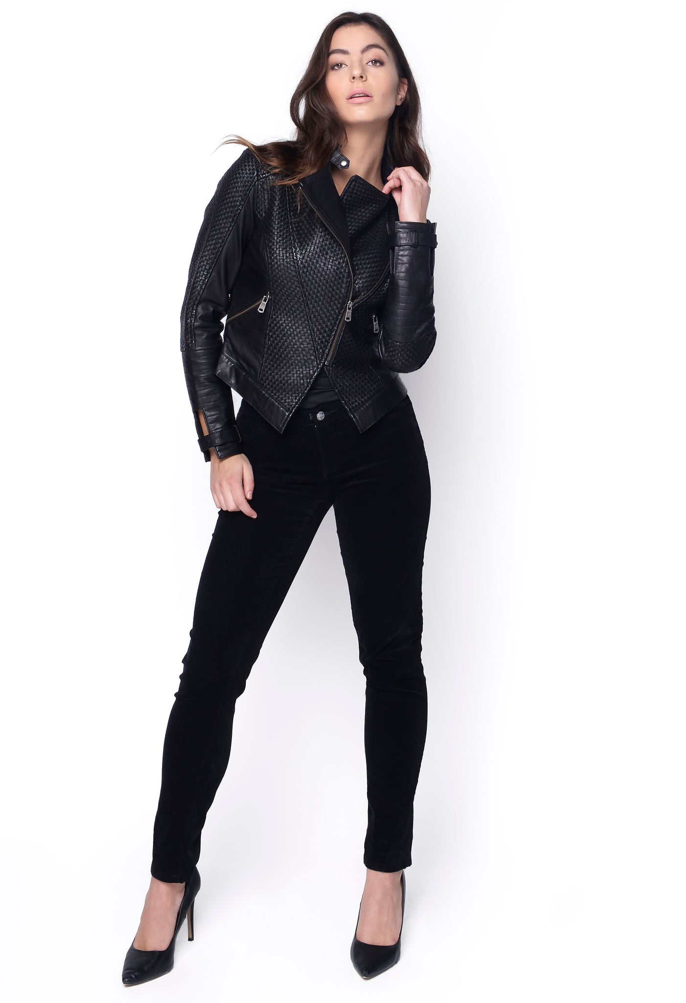 Zoe Hand Woven Leather Jacket-Navy